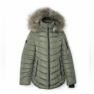 Nautica Olive Green Quilted Puffer Jacket with Faux Fur Hood [NWT]